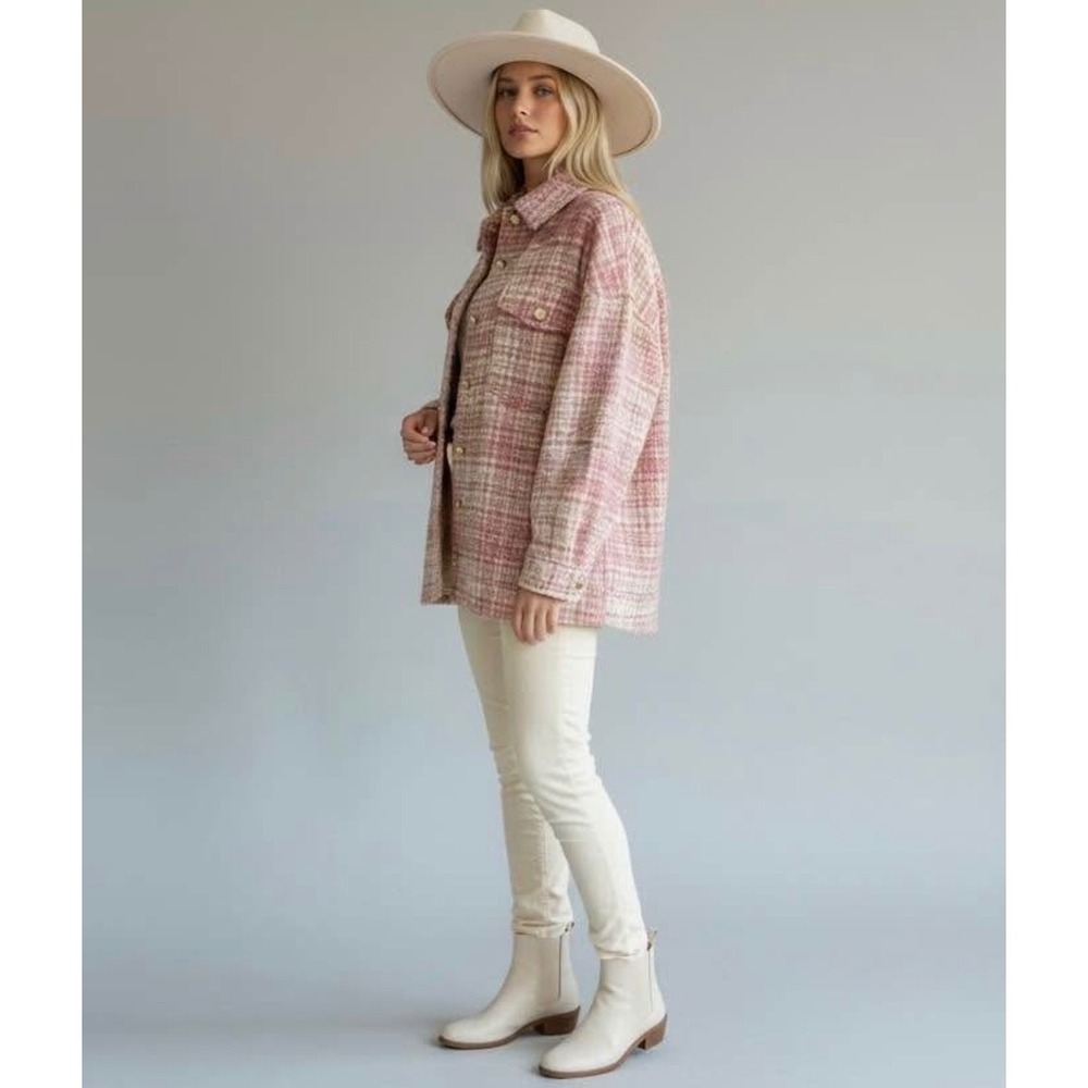 Forever 21 Pink Plaid Pearl Button Shacket Shirt Jacket Oversized Small‎